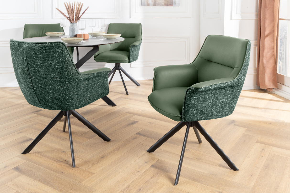 Swivel chair LE GRAND rotatable 180° w/ armrests textured cloth and leather green