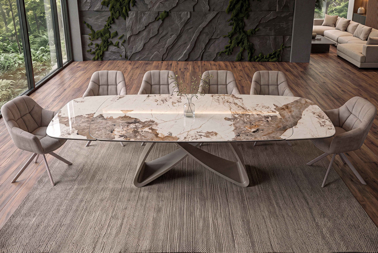 Dining table INFINITY 180-220-260cm boat-shaped extendable pandora ceramic white brown