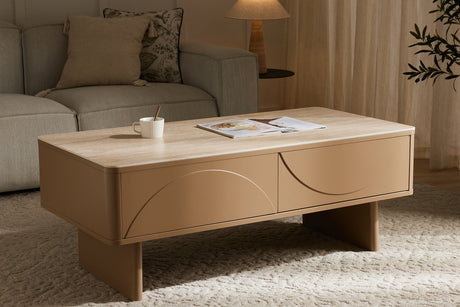 Couchtisch SAVOY 120 cm 3D Natur mit Keramikplatte aus Travertinmarmor