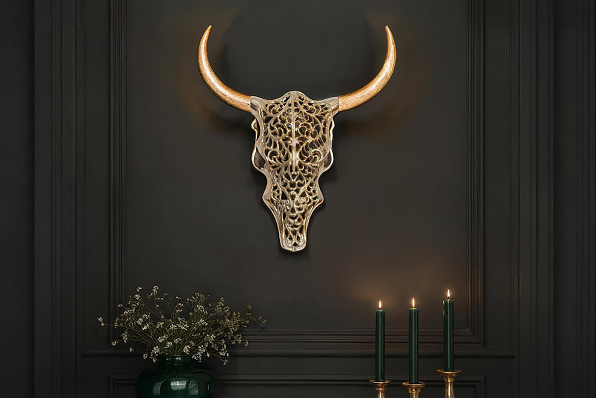 Wanddekoration EXOTIC BULL 60cm Mangoholz und Metall naturgold handgefertigt