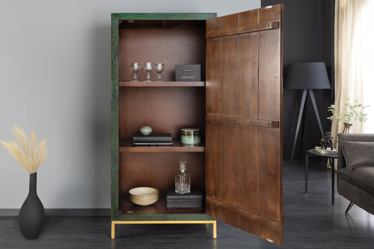 Highboard PEACOCK 170cm 3D mango wood antique look green gold handmade