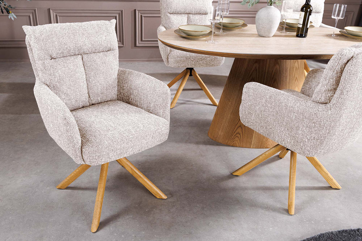 Swivel chair BIG GEORGE 360° auto return textured fabric champagne greige w/ oak wood frame