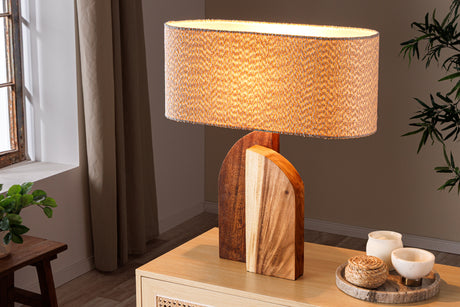 Tischleuchte LOVERS 60cm Natur Regenbaumholz Lampenschirm Bouclé weiß