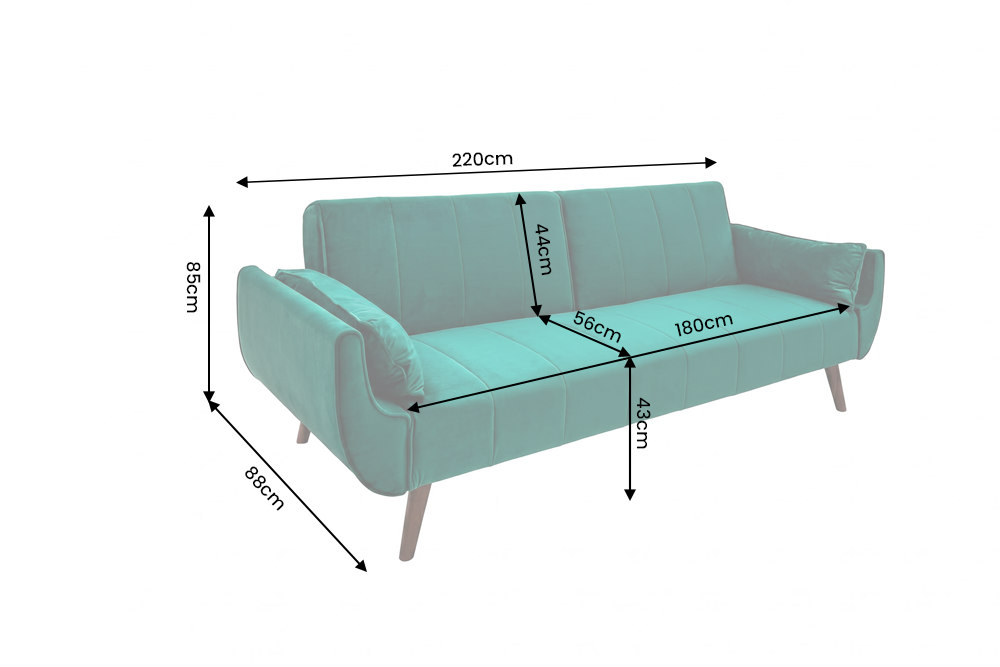 Sofa bed DIVANI 220cm 3-seater w/ armrest cushions velvet emerald green metal feet gold