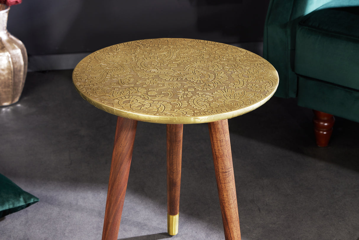 Side table ALCASAR 50cm mango wood and coated metal antique gold