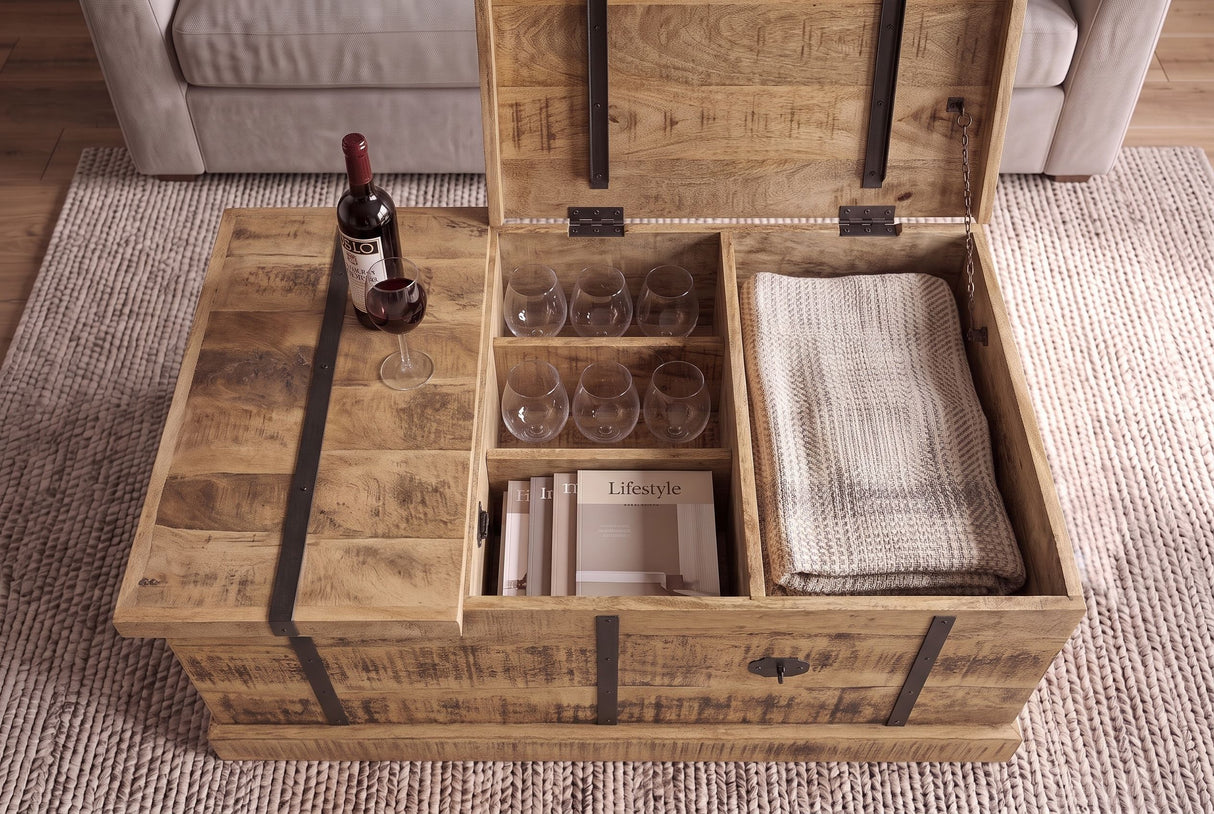 Coffee table BODEGA 100cm w/ wine shelf and storage space mango wood natural