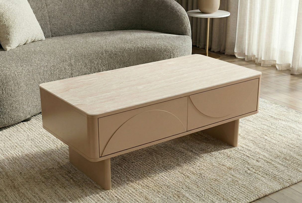 Coffee table SAVOY 120cm 3D natural w/ travertine marble ceramic top
