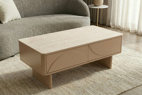 Couchtisch SAVOY 120 cm 3D Natur mit Keramikplatte aus Travertinmarmor