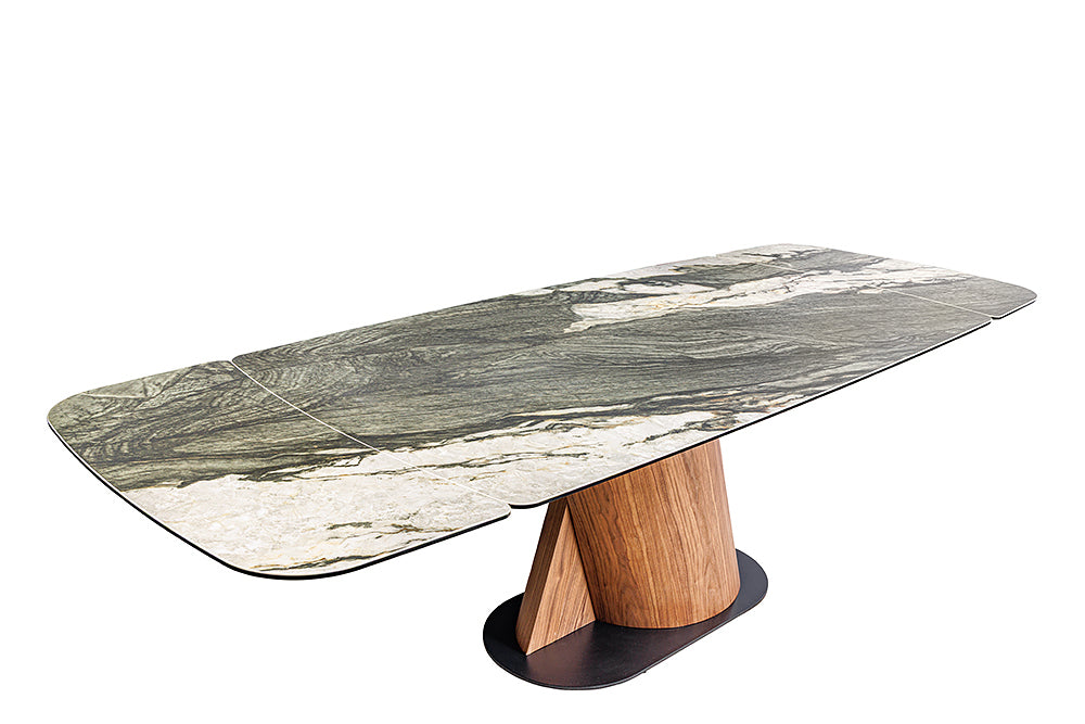 Esstisch ELEMENTS 180-260cm ausziehbar Walnussgestell mit Keramikplatte Taupegrau Marmoroptik