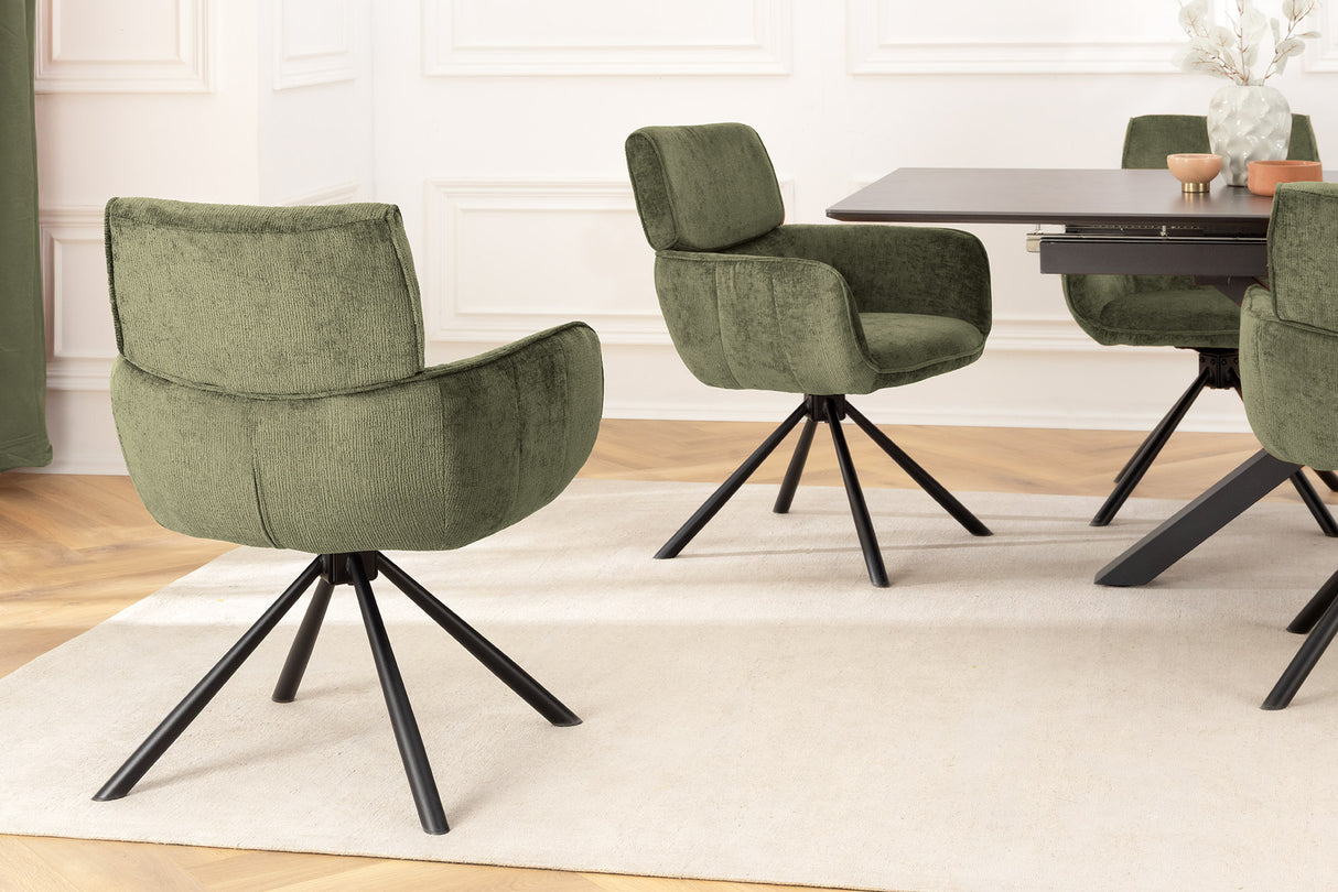 Swivel chair UNIQUE 180° w/ armrests chenille fabric green and black legs