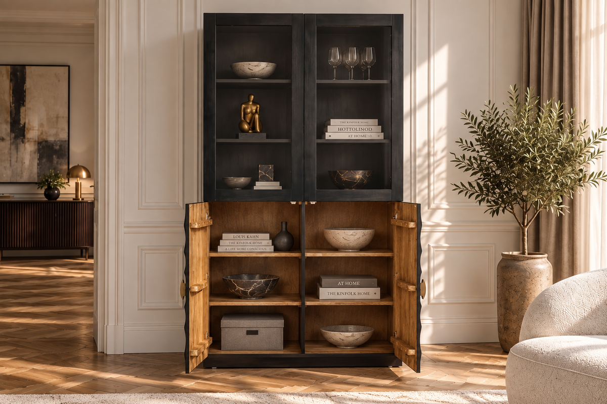 Highboard GOLDEN SUNSET 180cm 3D w/ glass doors mango wood black gold