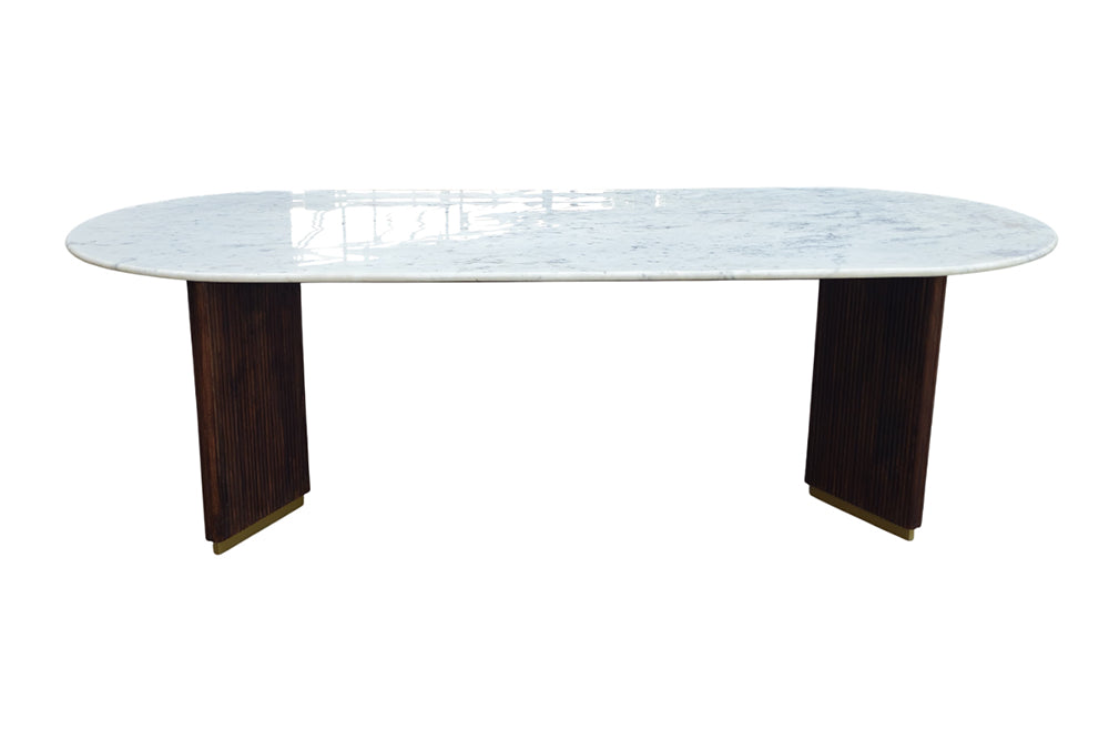 Dining table GATSBY 240cm oval mango wood v-shape frame marble top white