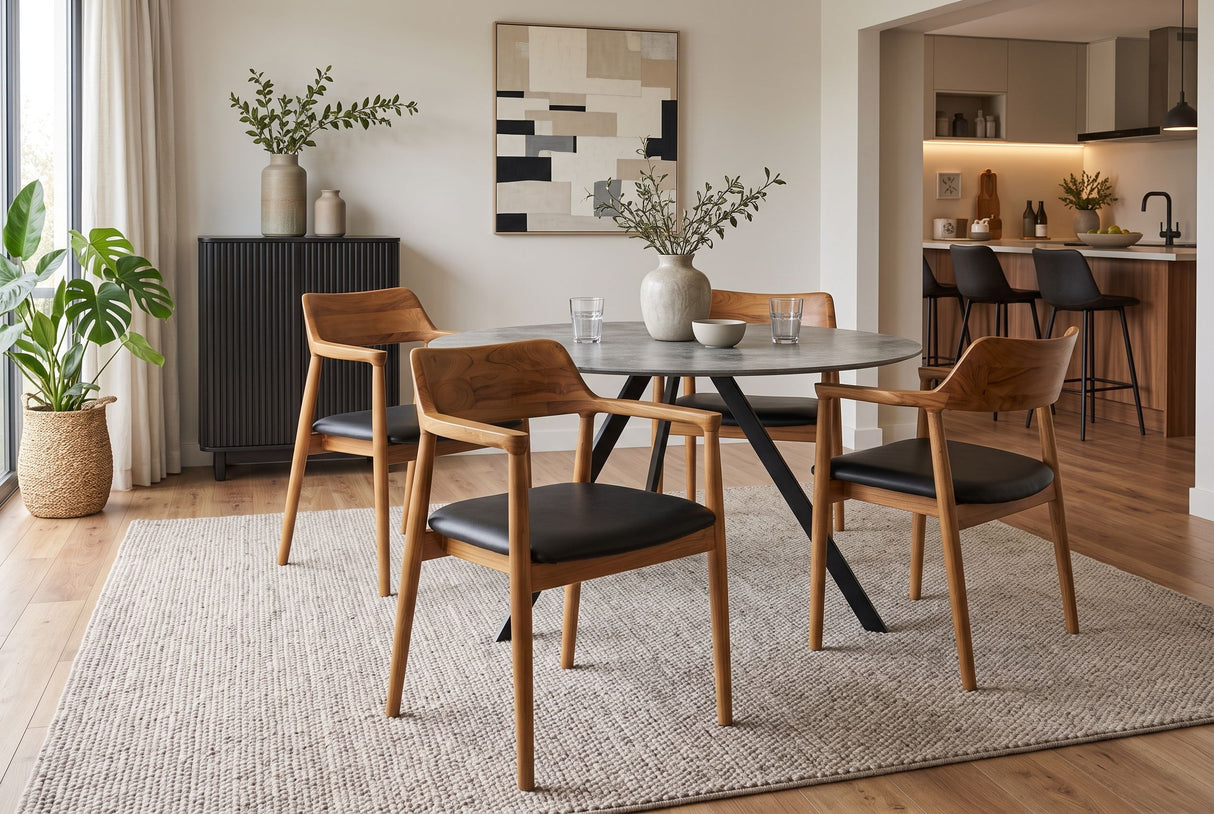 Chair KENNEDY w/ armrests artificial leather black and teak wood natural