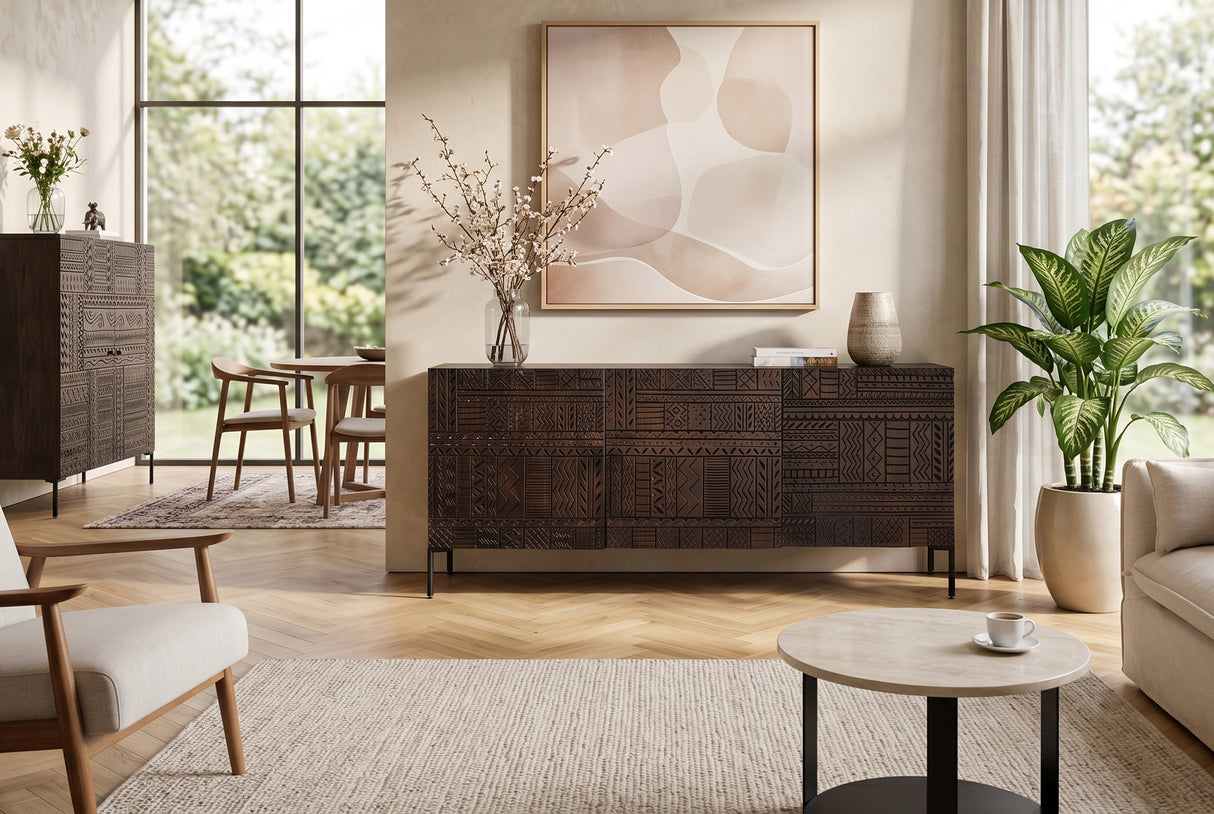 Sideboard TRIBAL 180cm 3D Antik-Look Mangoholz dunkelbraun