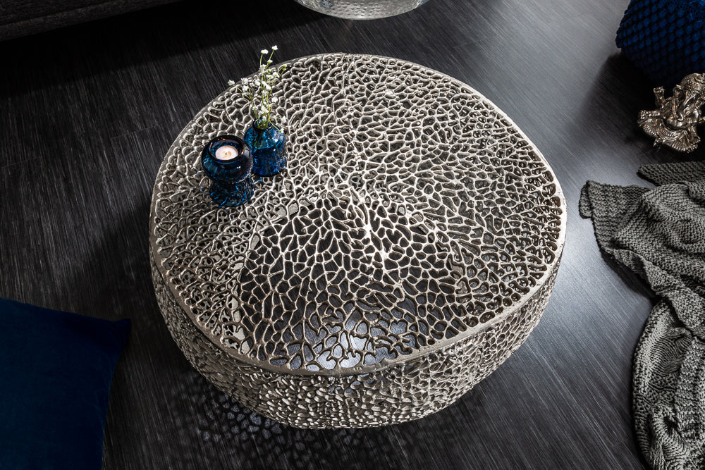 Coffee table LEAF 80cm metal silver handmade
