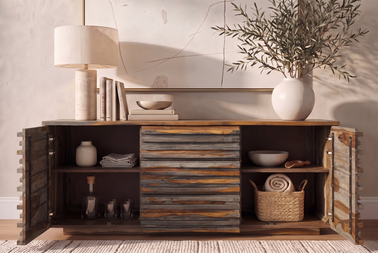 Sideboard RELIEF 160cm sheesham wood smoke finish