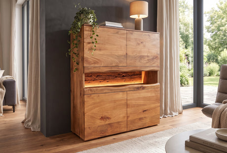 Highboard GRAND MANGO 120cm Mangoholz braun inkl. ferngesteuerter LED-Beleuchtung