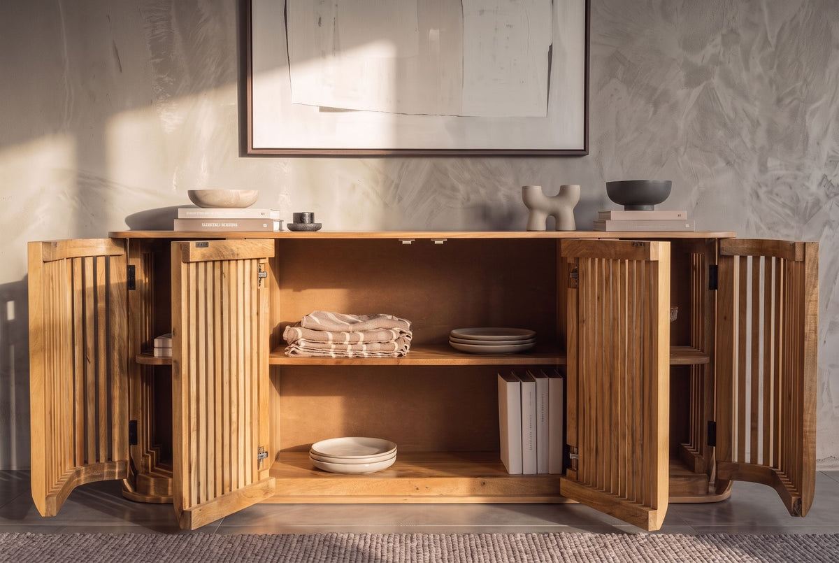 Sideboard SCULPTURA 170cm offene Lamellenfront abgerundete Kanten Mangoholz natur