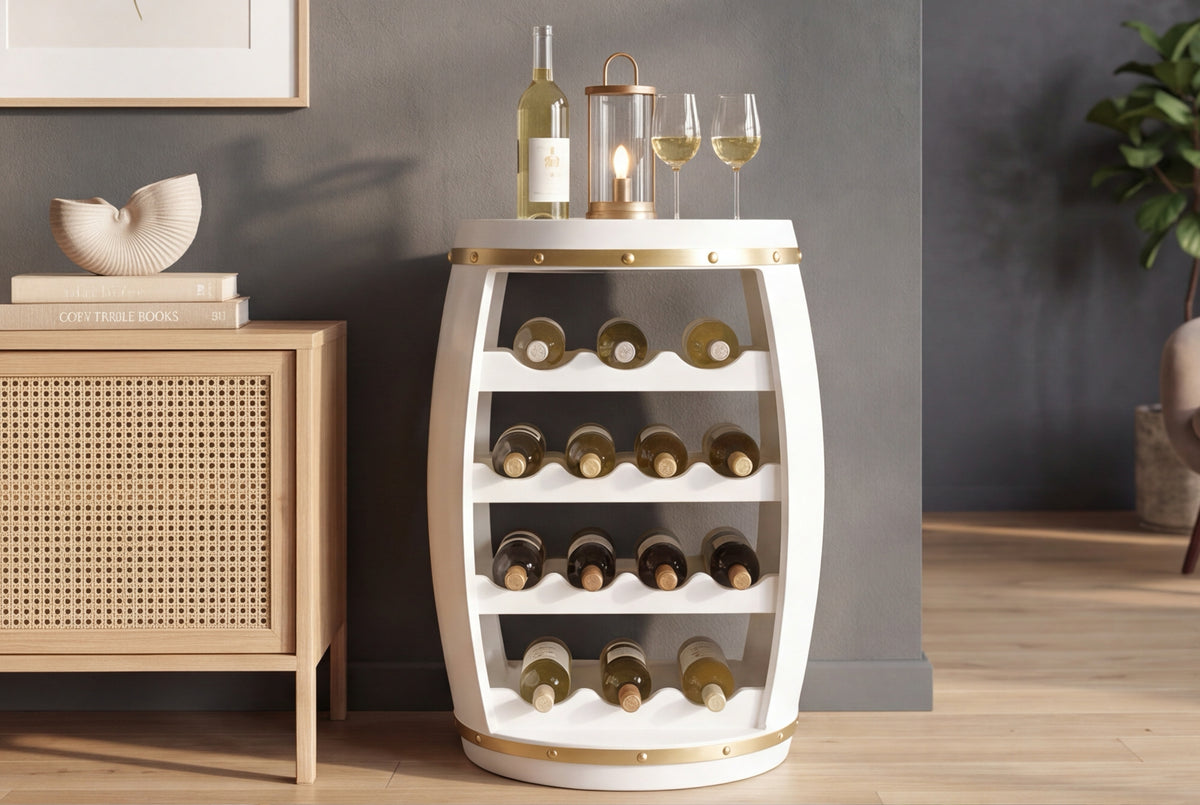 Wine barrel BODEGA 65cm for 14 bottles pine wood white