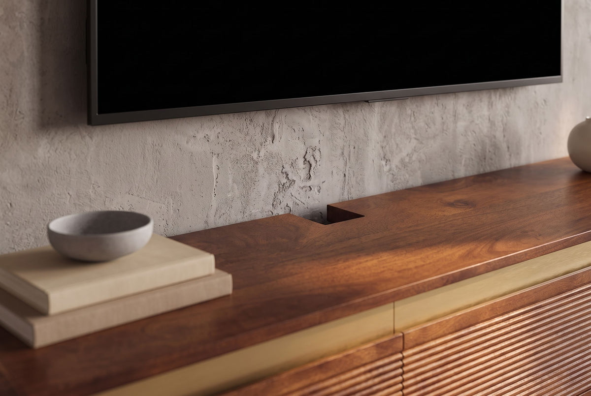 TV-Board MONZA 160cm w/ cable management hanging fluted front brown mango wood gold details