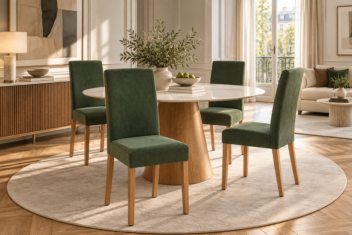 Stuhl GENUA Cord grün mit Kautschukholz-Beinen