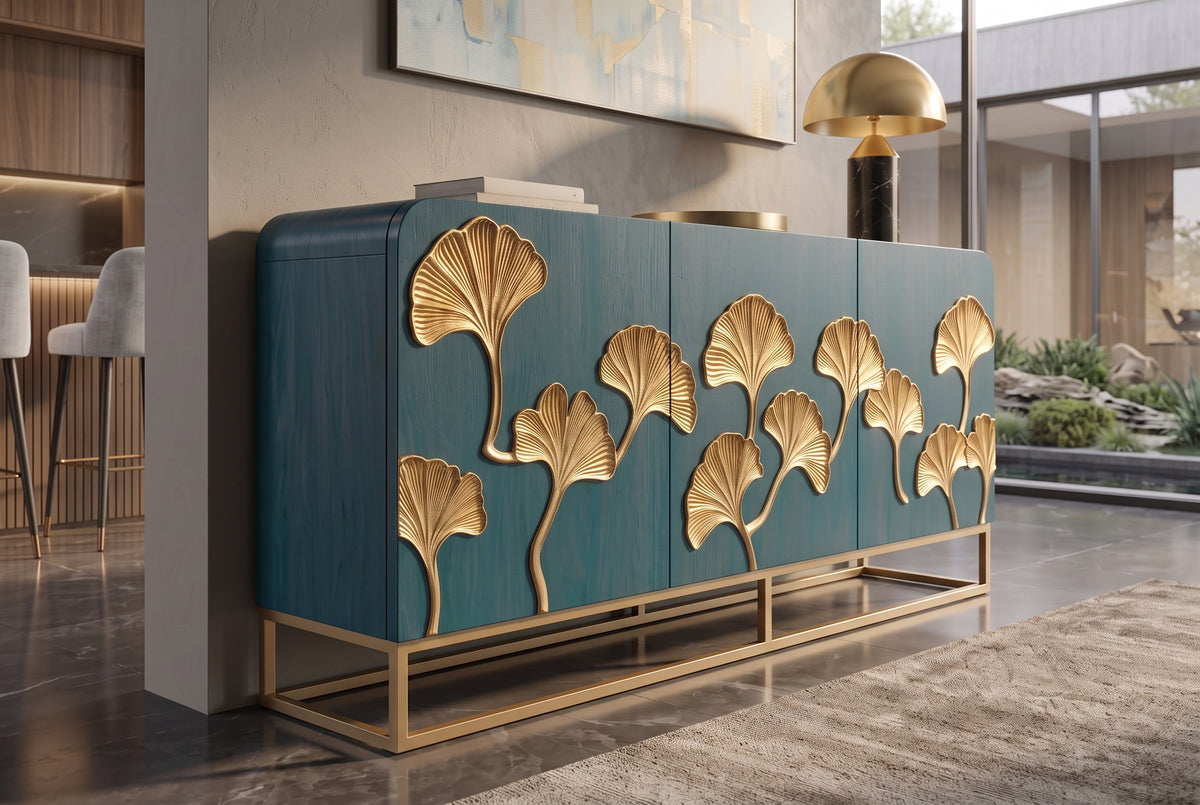 Sideboard GINKGO 160cm 3D ginkgo leaf front mango wood turquoise w/ gold metal frame