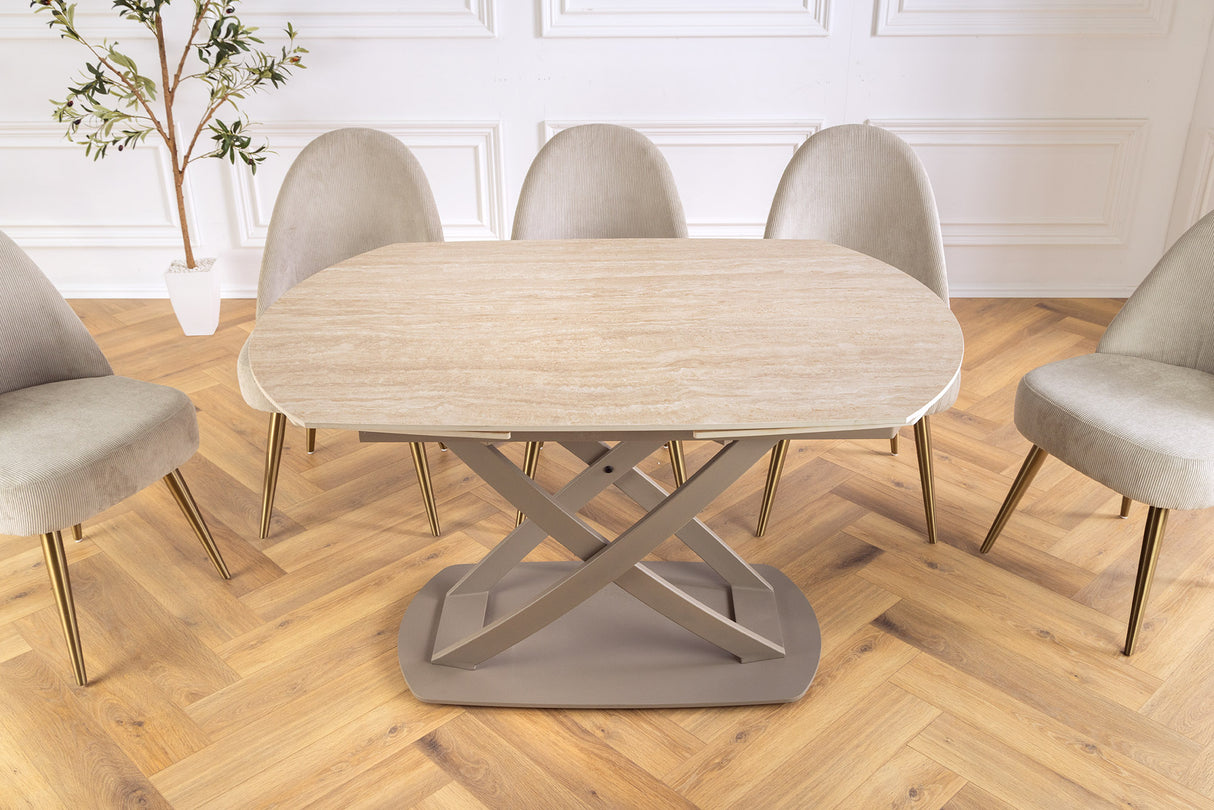 Dining table INCEPTION 130-190cm extendable w/ champagne greige rack ceramic top travertine
