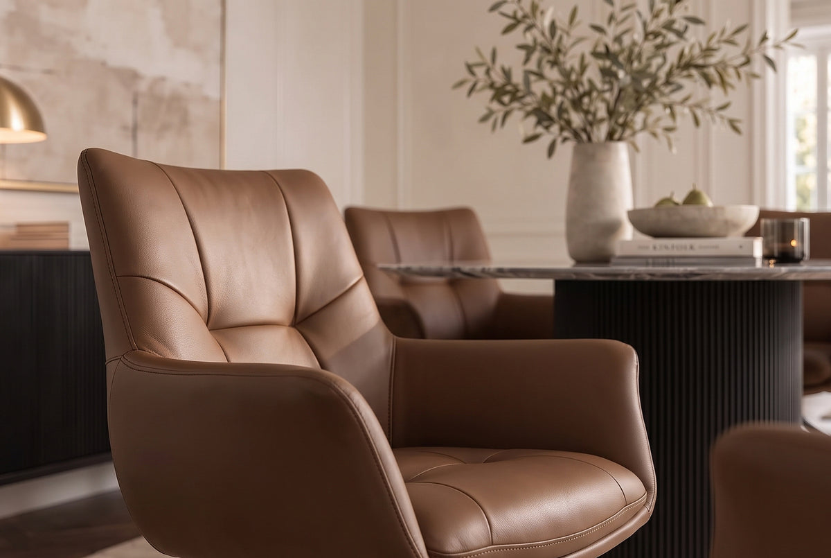 Swivel chair SIGNATURE 360° rotatable w/ armrests spring core leather cognac brown