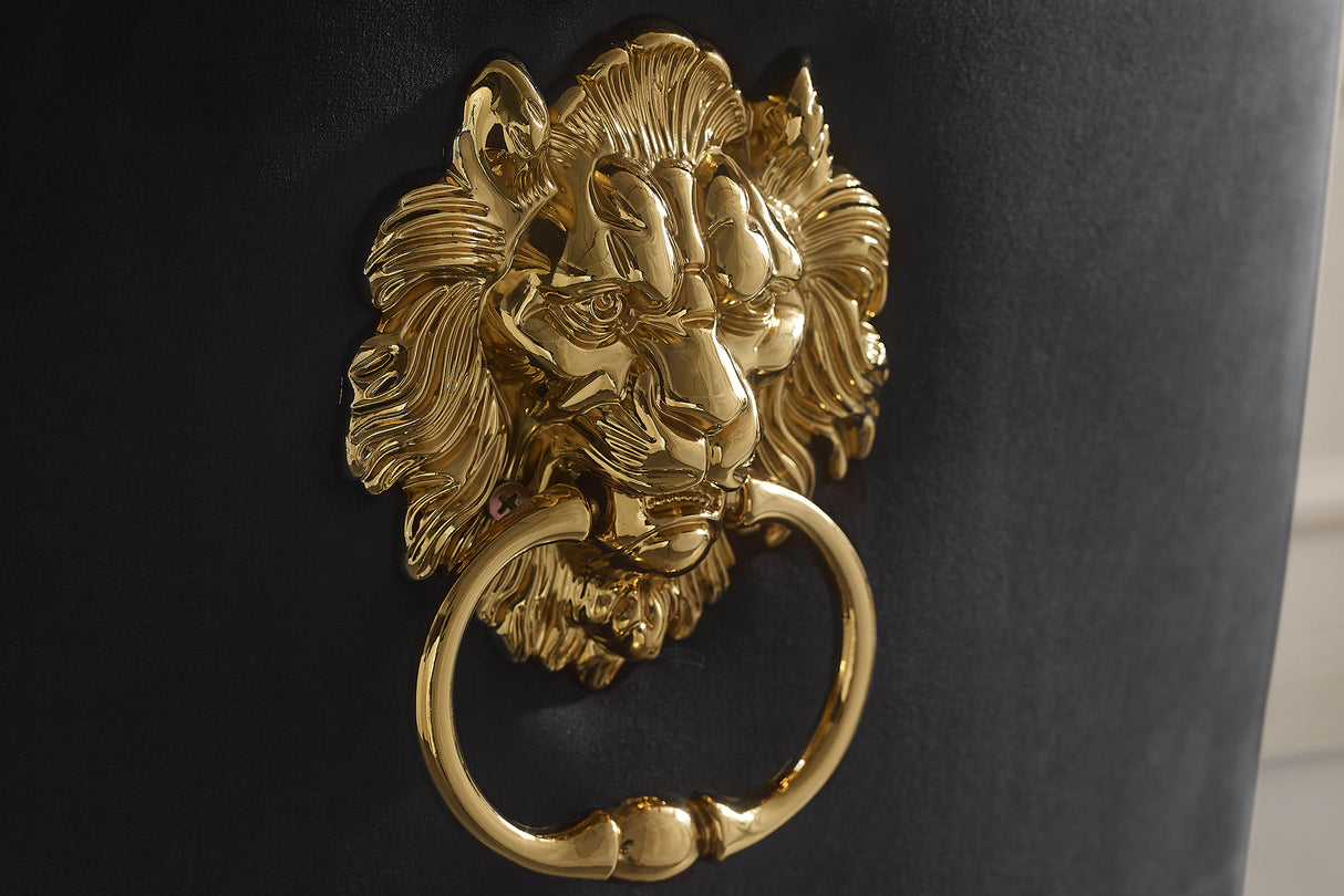 Chair MODERN BAROCK w/ lion´s head handle stainless steel legs gold velvet black