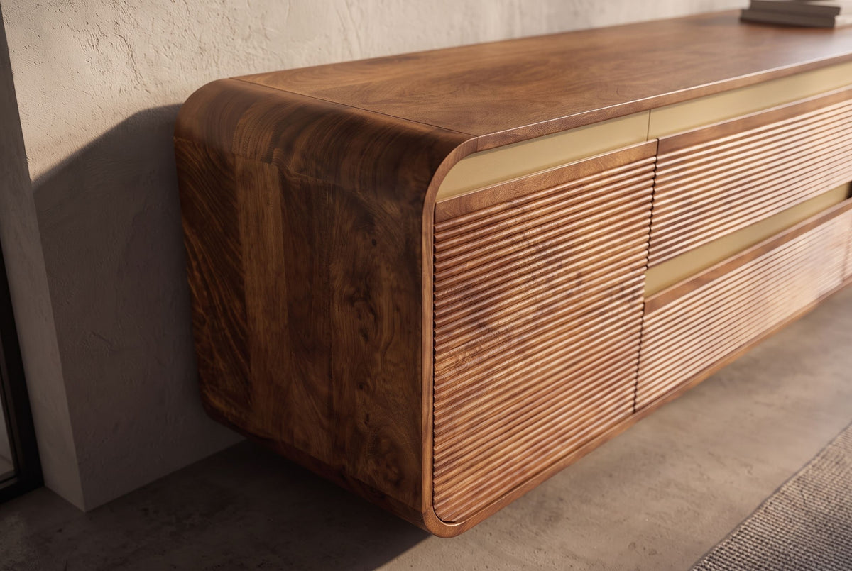 TV-Board MONZA 160cm w/ cable management fluted front rounded edges brown mango wood gold details