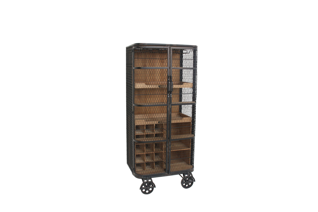 Display cabinet LOFT 145cm w/ wheels pine wood metal natural