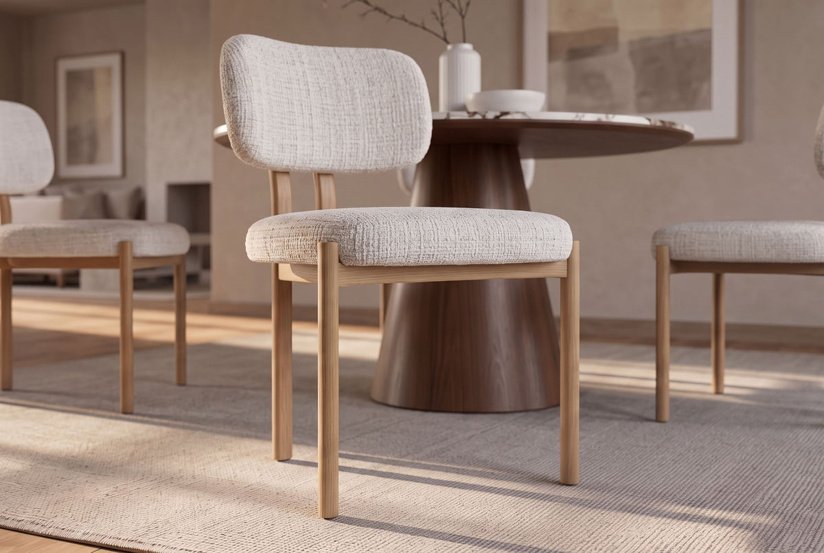 Chair BELLANO chenille creamy beige w/ oak coloured metal legs