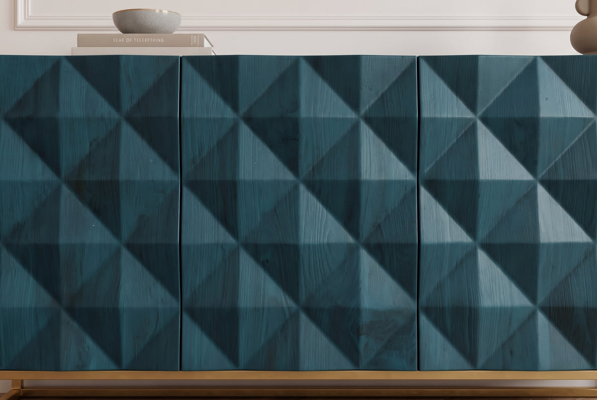 Sideboard VULCANO 180cm 3D front mango wood turquoise w/ gold metal frame