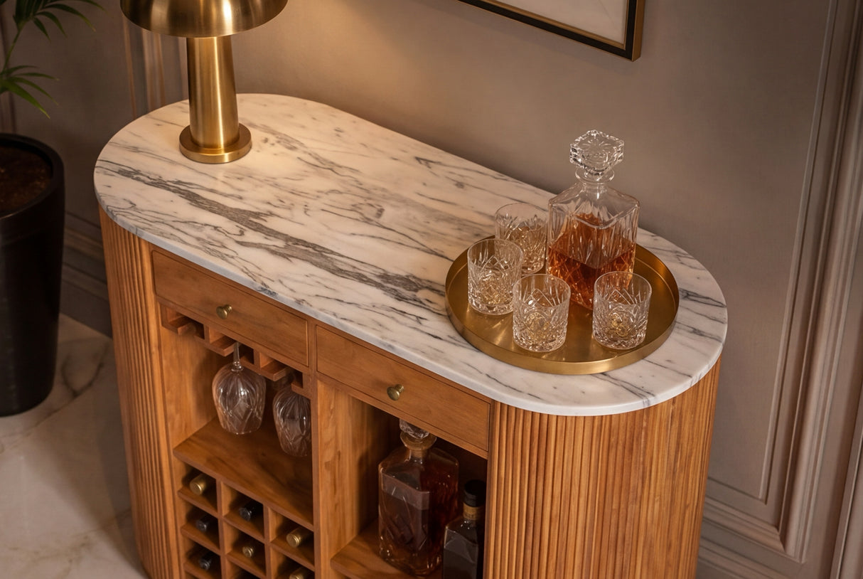 Bartisch TRES CHIC 120cm Mangoholz Natur mit weißem Marmor