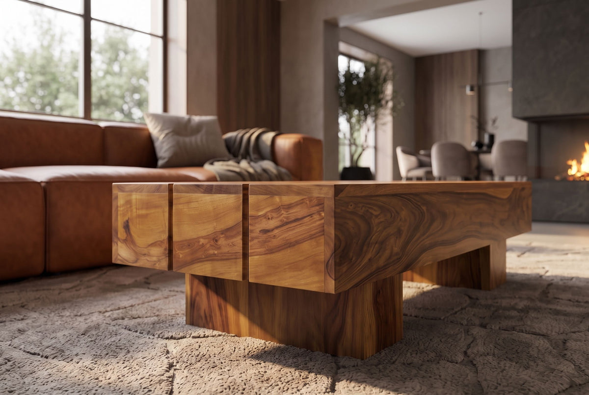 Coffee table BOLT 100cm sheesham wood brown stone finish