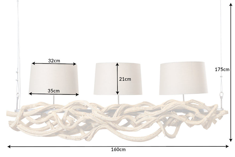 Pendelleuchte VIGINE 165cm Recyclingholz und Leinenlampenschirme