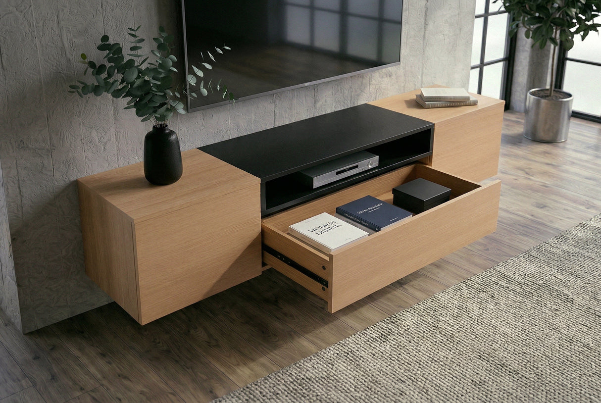 TV-Wand LOFT 160 cm hängend natur schwarz