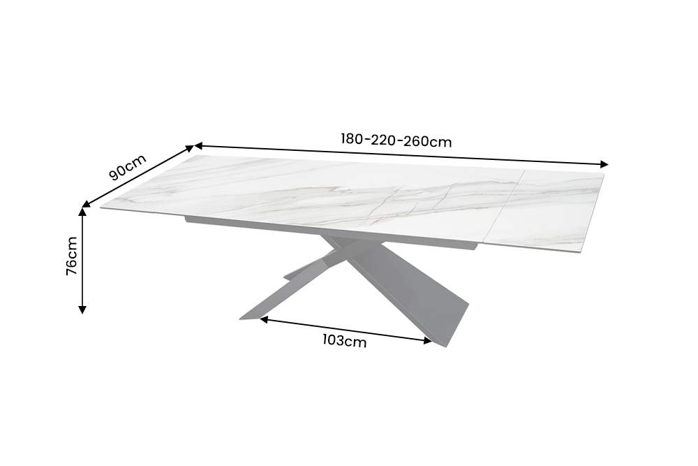 Esstisch EUPHORIA 180-220-260cm ausziehbar, Carrara Oro Keramik in Marmoroptik mit schwarzem Sternenfuß