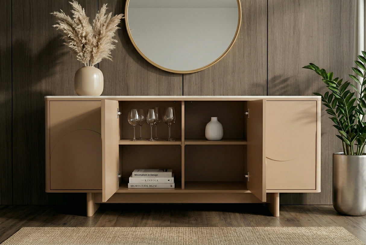 Sideboard SAVOY 180 cm 3D Natur mit Travertin-Marmor-Keramikplatte