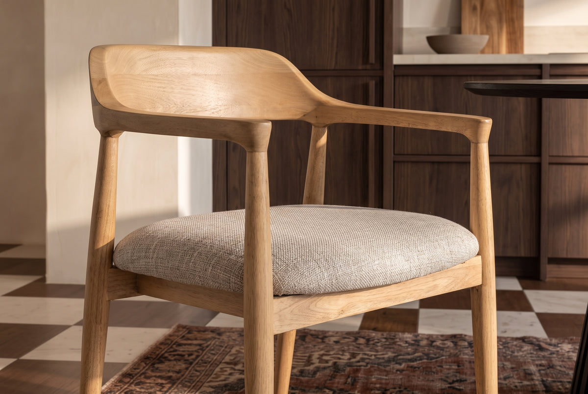 Chair KENNEDY upholstered seat w/ armrests mango wood creamy beige