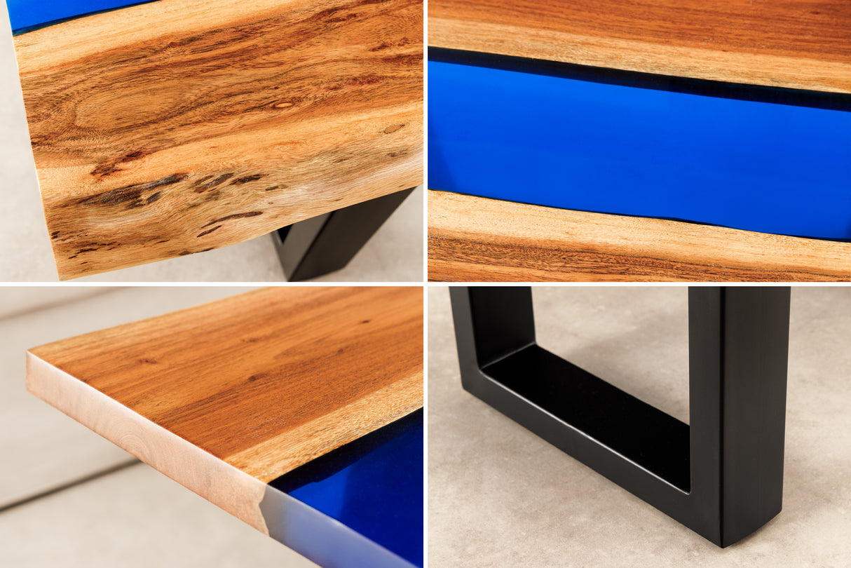Coffee table LIQUID 110cm acacia wood blue epoxy strip