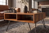 Coffee table SCORPION 60cm w/ open storage space sheesham wood brown stone finish hairpin legs