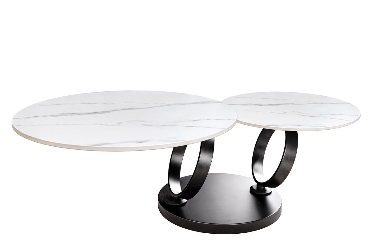 Couchtisch DANCING RINGS 80-135cm drehbar Keramikplatte weiß Marmoroptik