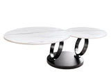 Couchtisch DANCING RINGS 80-135cm drehbar Keramikplatte weiß Marmoroptik