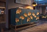 Sideboard GINKGO 160cm 3D ginkgo leaf front mango wood turquoise w/ gold metal frame