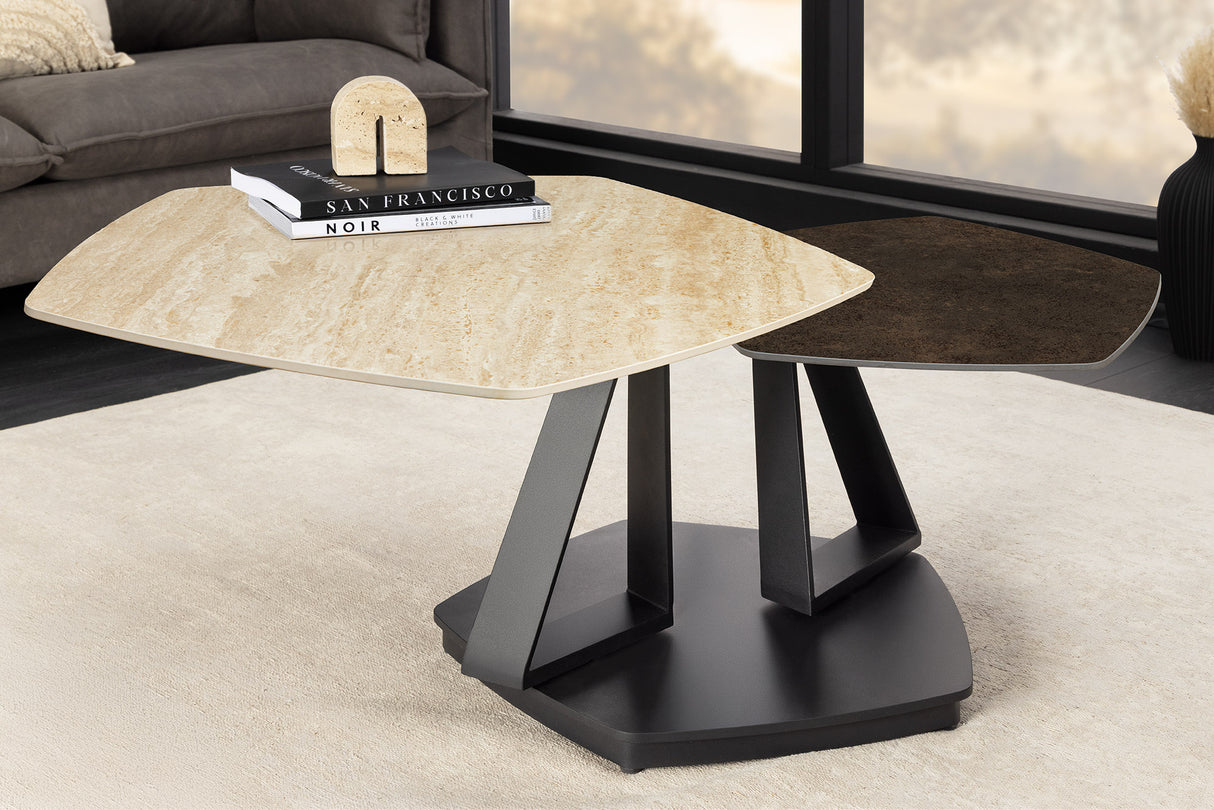 Couchtisch MOVEMENT 80-130cm drehbare Keramikplatte Naturtravertin und Rostoptik