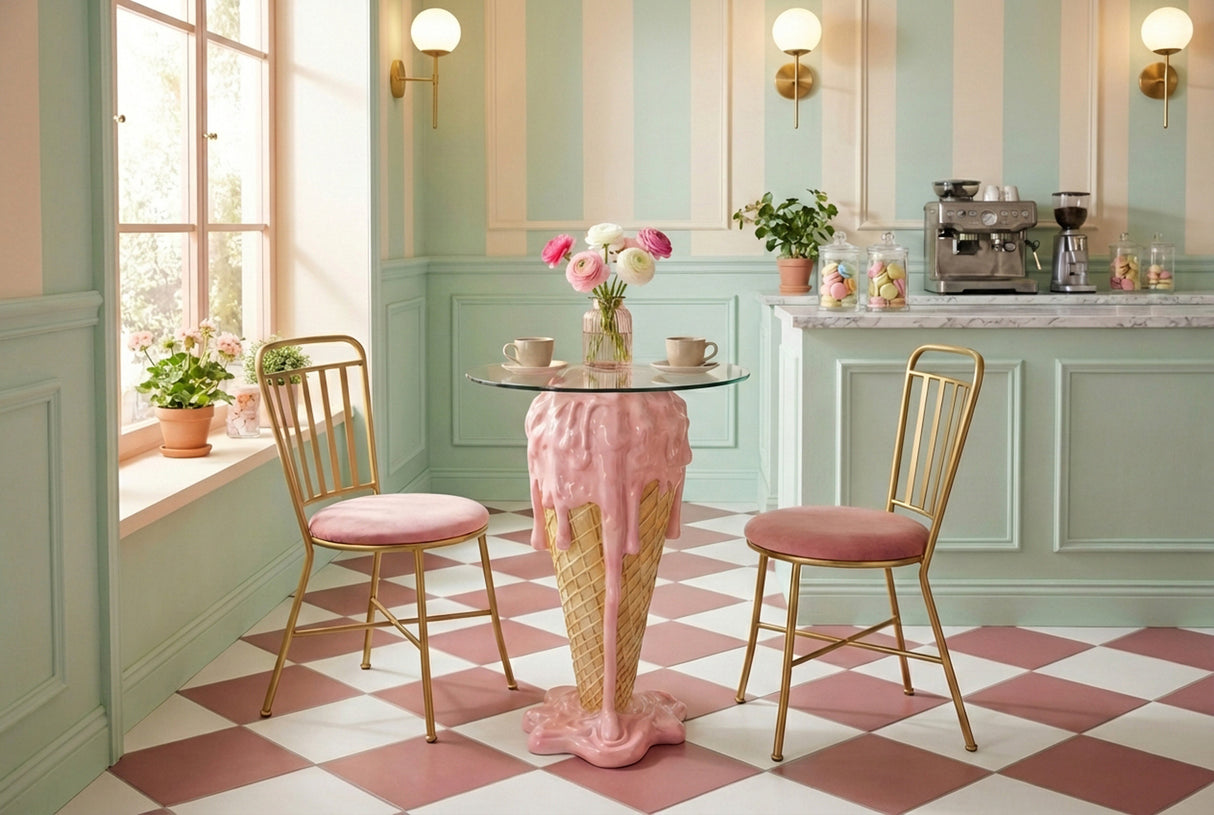 Bistro bar table ICE CREAM 75cm w/ tempered glass pink beige