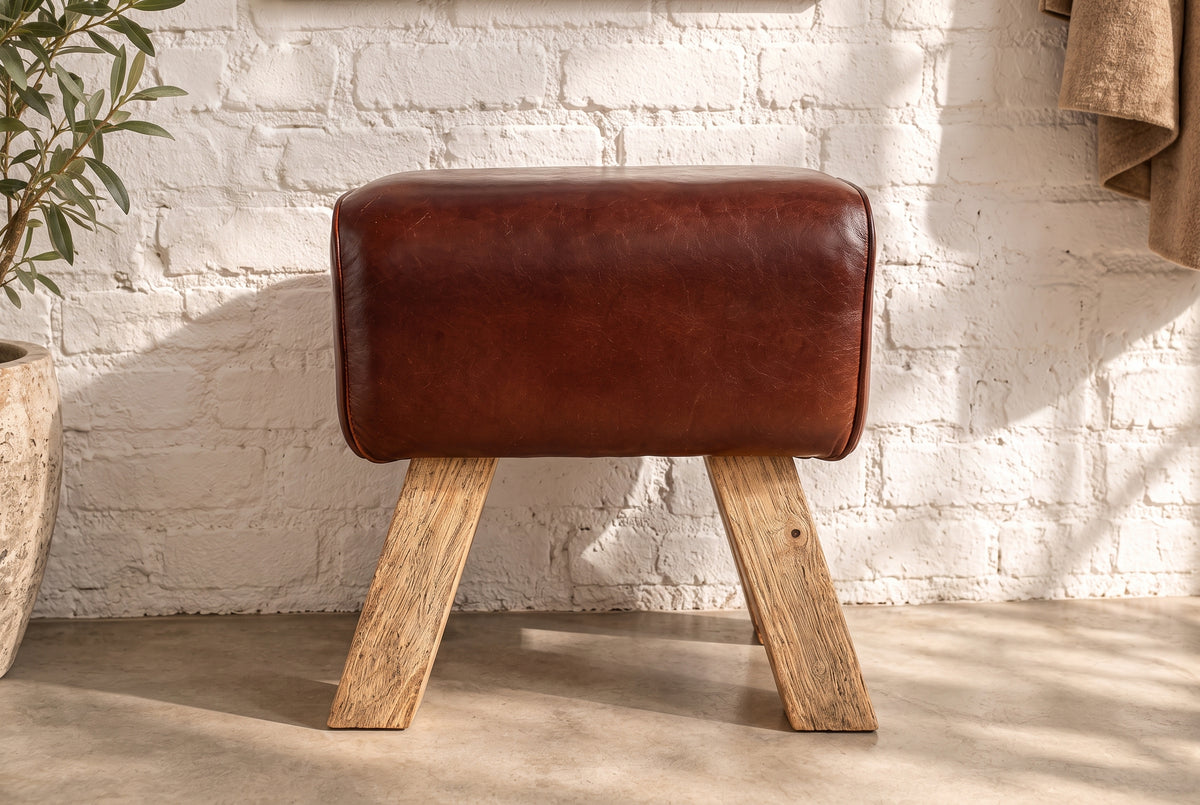 Stool TURNBOCK 40cm upholstered seat mango wood natural genuine leather coffee brown