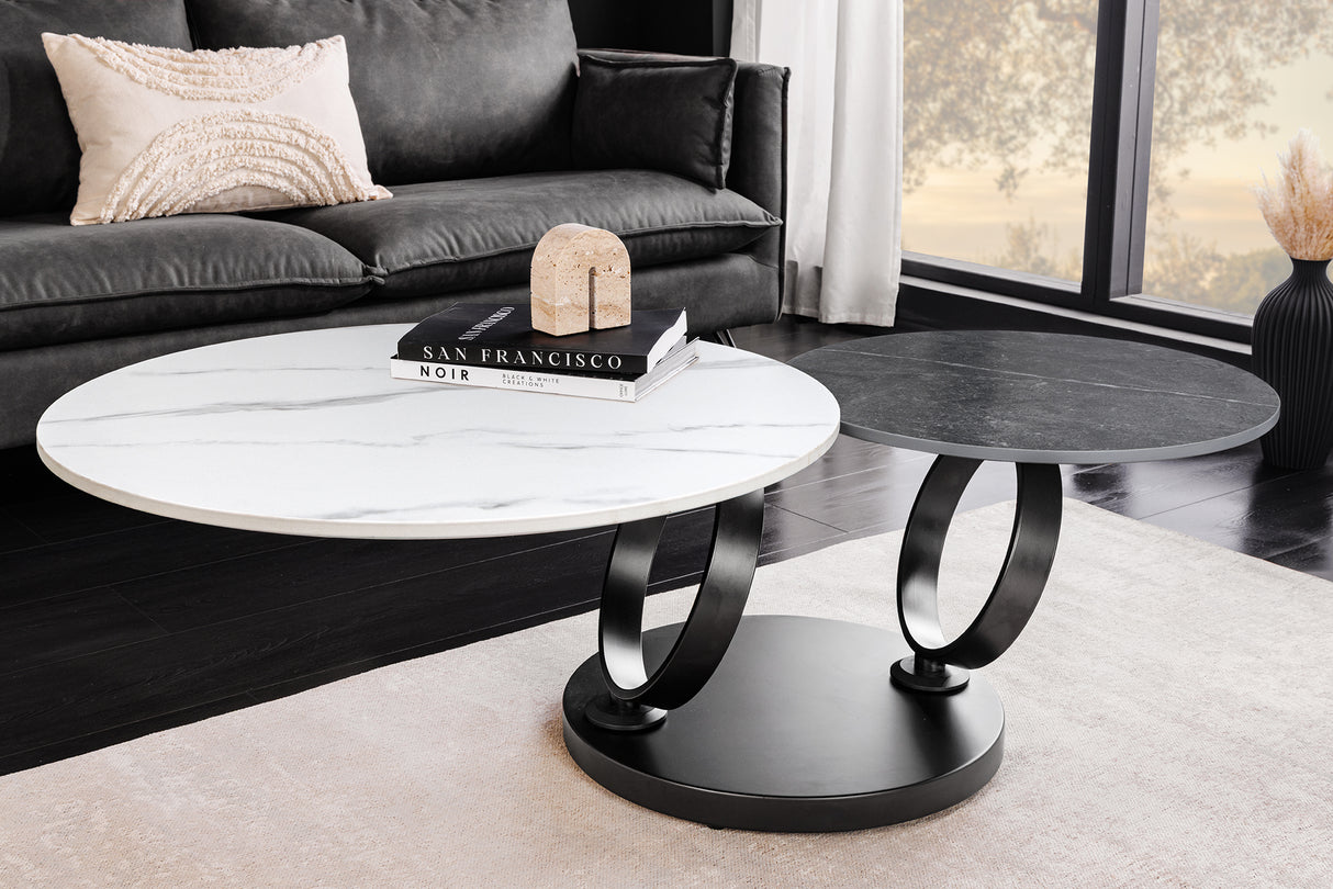 Couchtisch DANCING RINGS 80-135cm drehbare Keramikplatte weiß und anthrazit Marmoroptik
