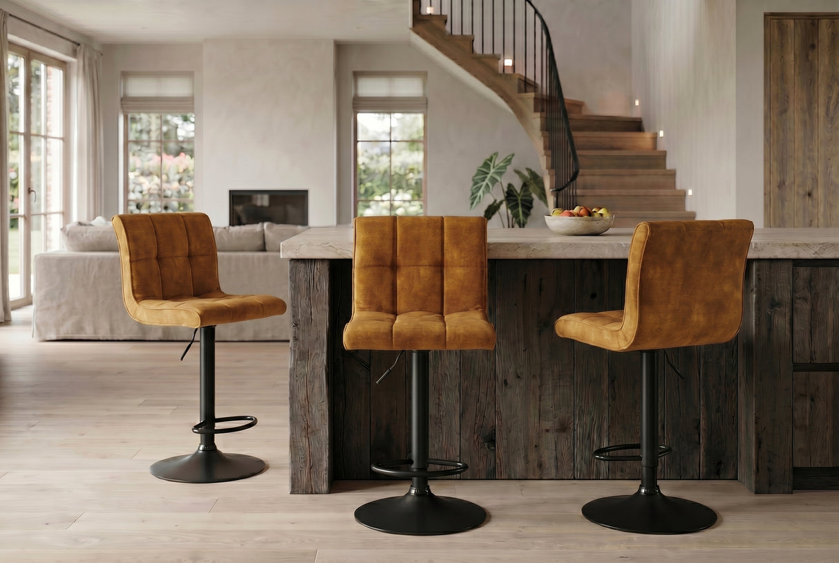 Barhocker MODENA 92-116cm 360° drehbar Samt Senfgelb m/ schwarzem Metallgestell